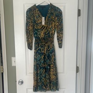 White House Black Market Teal and Gold Long Sleeve Dress